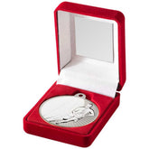 RED VELVET BOX AND 50mm RUGBY MEDAL TROPHY MATT SILVER/SILVER 3.5in